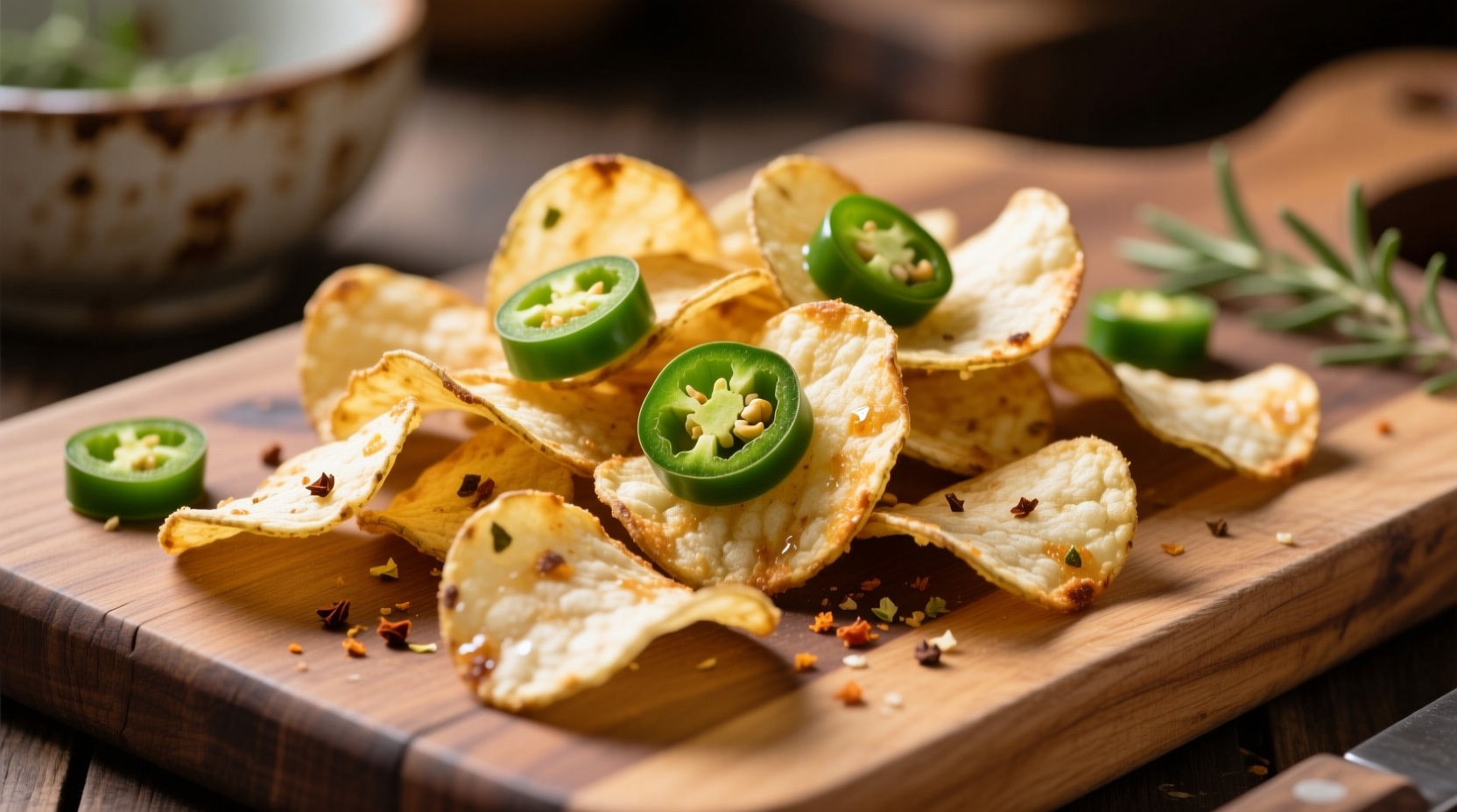 Homemade jalapeno potato chips on wooden cutting board