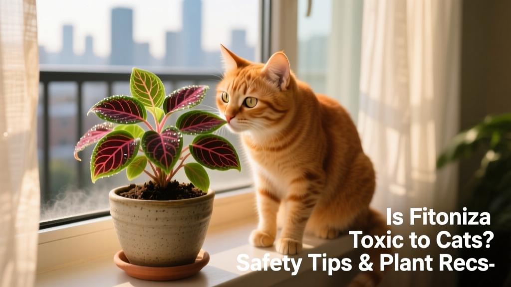 A curious cat gently sniffing a potted Fittonia plant on a windowsill