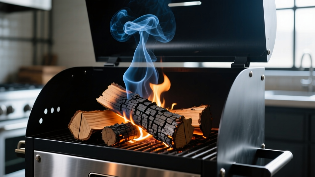 Close-up of split post oak and hickory wood chunks smoldering with thin blue smoke inside a black offset steel barbecue smoker.