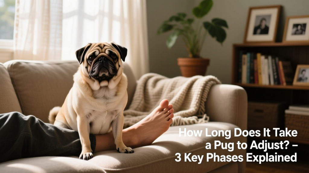 A Pug sitting calmly beside a person’s feet while they sit on the sofa, both relaxed and connected