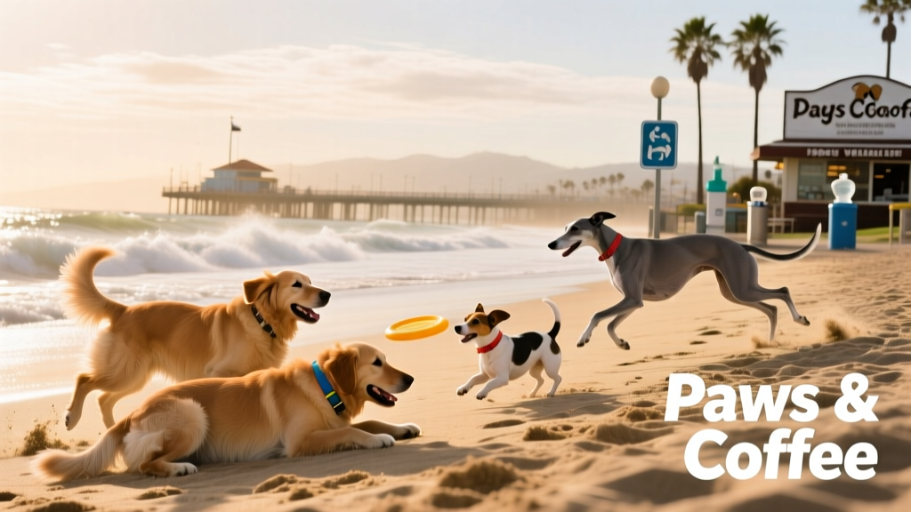 Dogs playing together on Rosie’s Dog Beach with ocean waves in the background