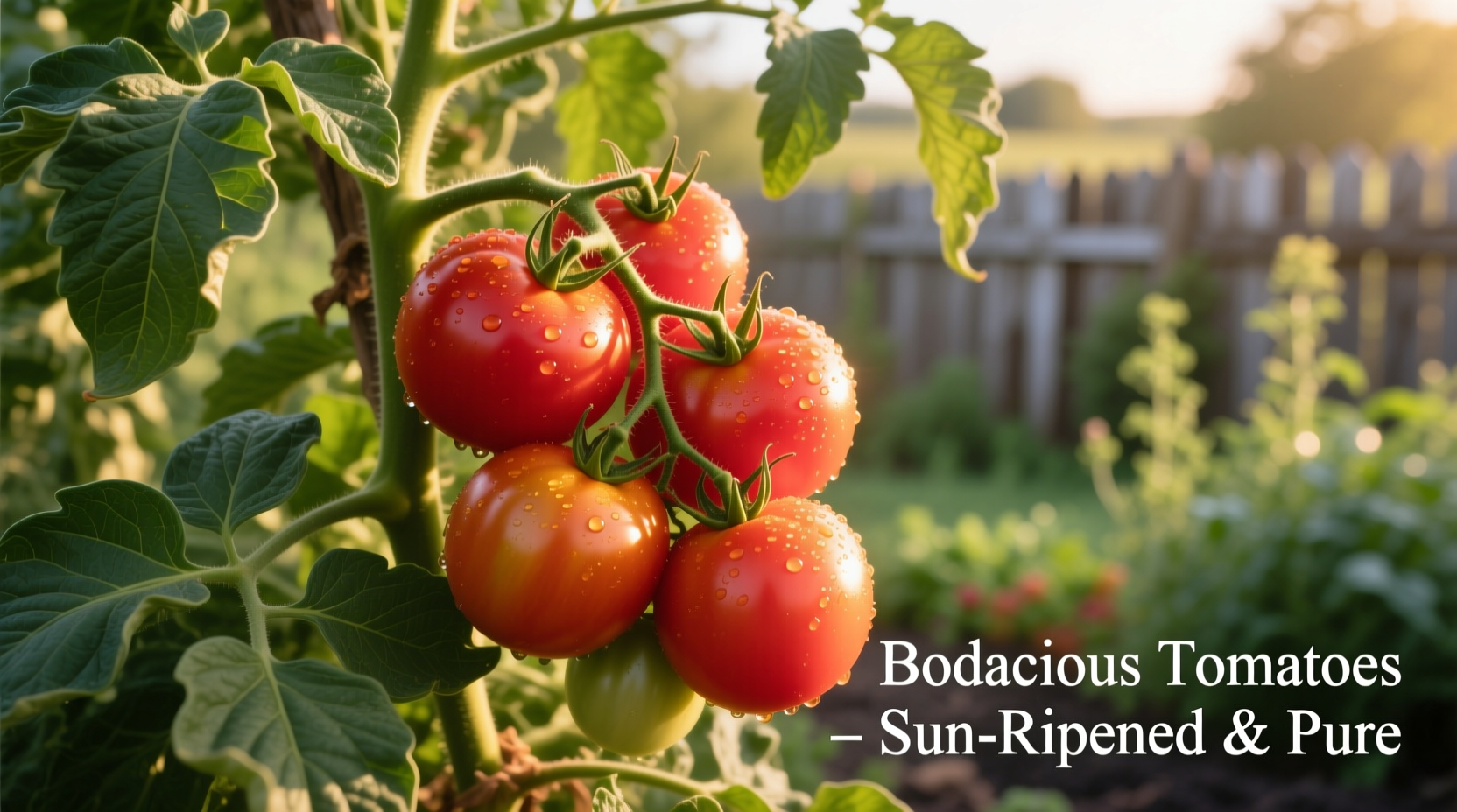 Ripe Bodacious tomatoes on vine with healthy green foliage