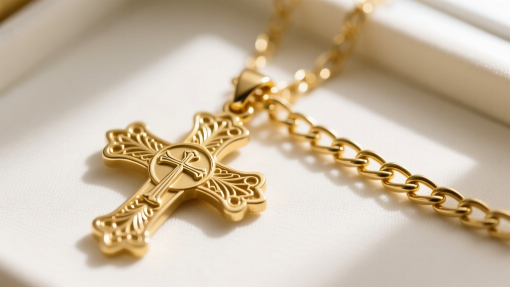 Macro shot of 14k gold scapular medal showing intricate engraving of the Carmelite emblem next to a polished box chain link