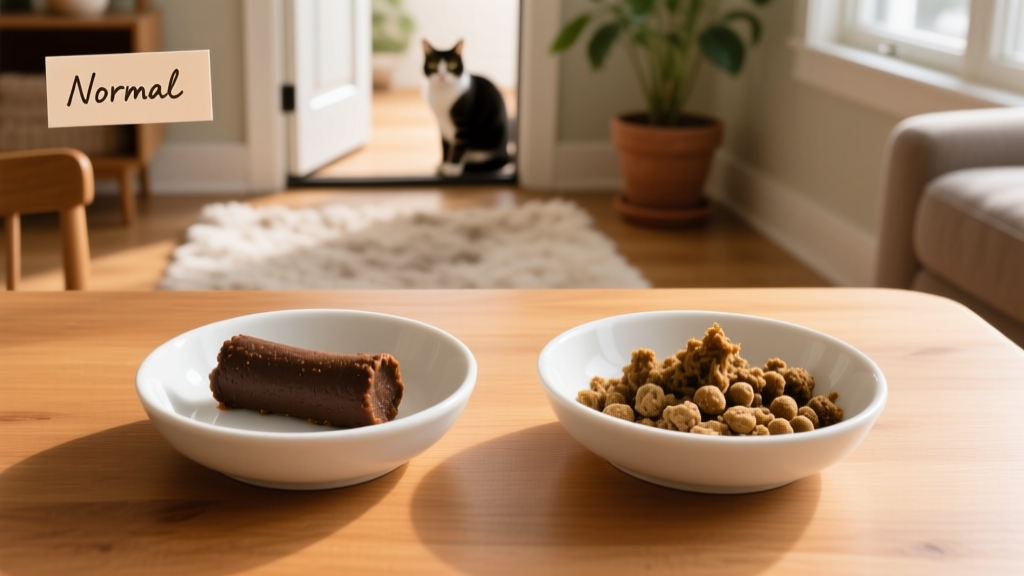 Side-by-side comparison of healthy cat stool (firm, moist, log-shaped) and abnormal stool (dry pellets or loose, unformed)