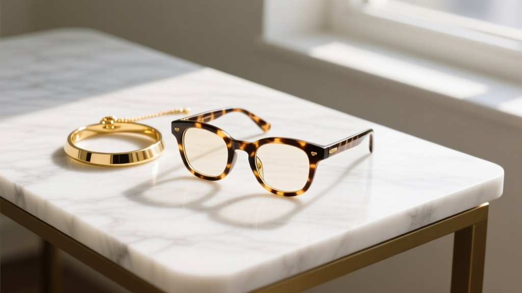 Gold-filled glasses holder necklace on tortoiseshell readers atop a white marble desk, bathed in soft morning window light.