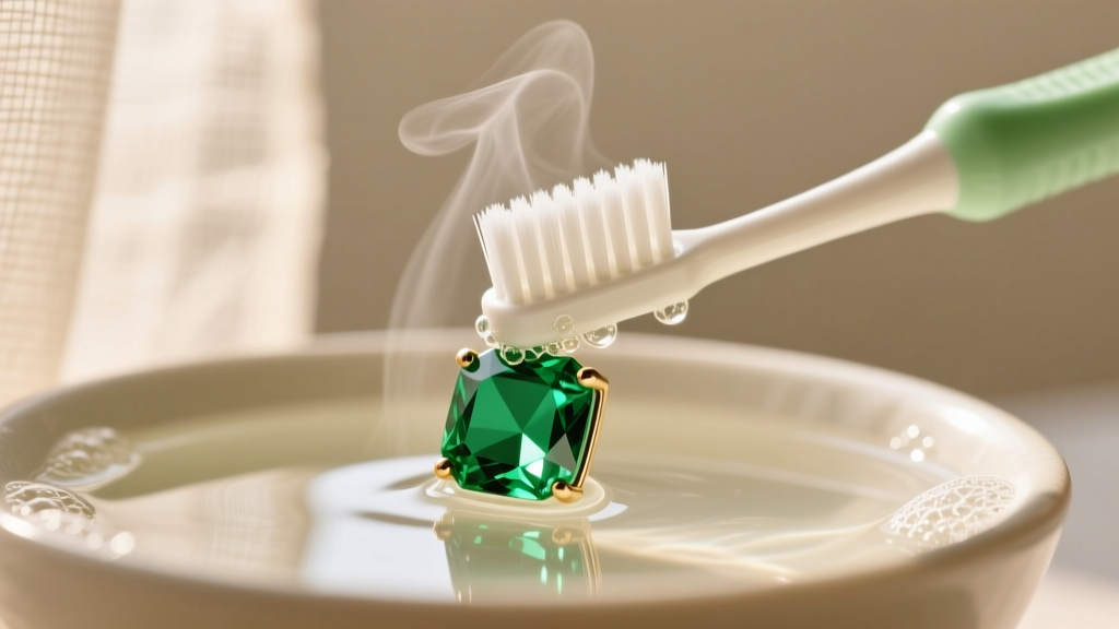 A soft-bristled baby toothbrush gently scrubbing a green quartz stud earring in a bowl of warm lukewarm soapy water.