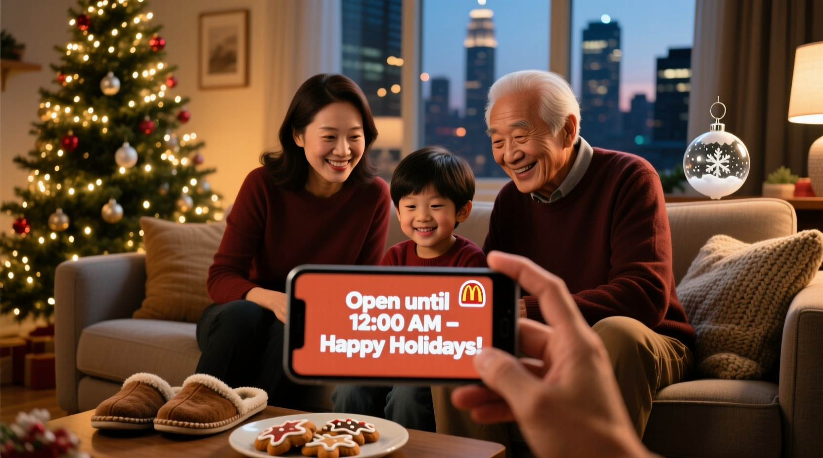 Family checking fast food hours on smartphone Christmas Eve