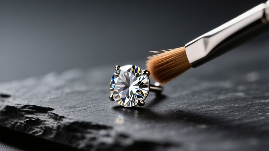 Macro shot of a diamond stud earring on dark slate, gently brushed with a soft cleaning brush under warm studio lighting