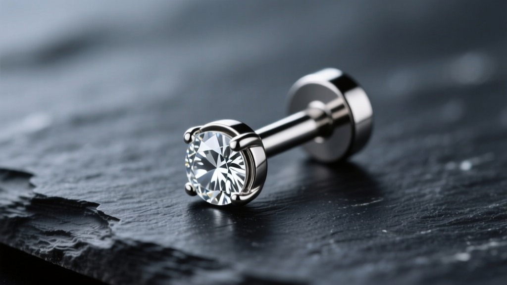 Macro shot of an 18-gauge titanium flat-back labret with a 2mm diamond, resting on dark slate under soft studio lighting.