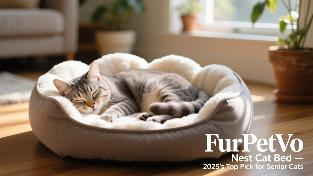 Close-up of an older cat napping peacefully in the FurPetVo Nest Cat Bed, showing its plush interior and supportive rim