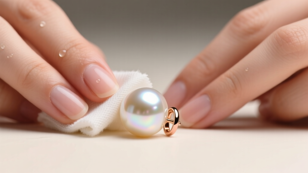 Close-up of hands using a damp microfiber cloth to gently wipe the surface of a large, creamy South Sea pearl stud earring