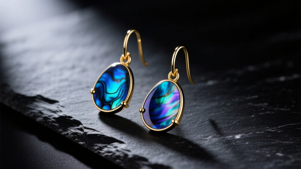 Close-up of iridescent blue abalone shell drop earrings in 14k gold, resting on dark slate with soft directional lighting.