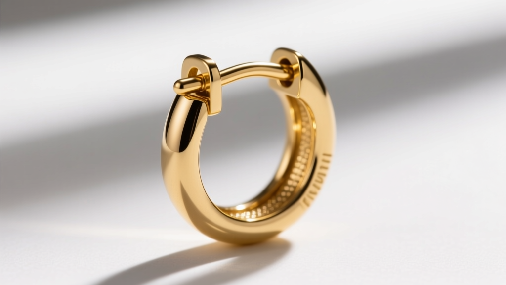 Macro shot of a 25mm gold hoop earring hinge and latch mechanism open, showing the 18-gauge post and saddleback closure clearly