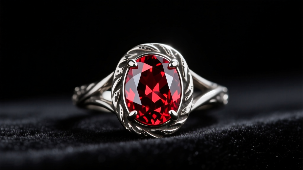 A 2-carat oval red diamond set in an oxidized silver ring, resting on black velvet with dramatic, moody, low-key studio lighting.