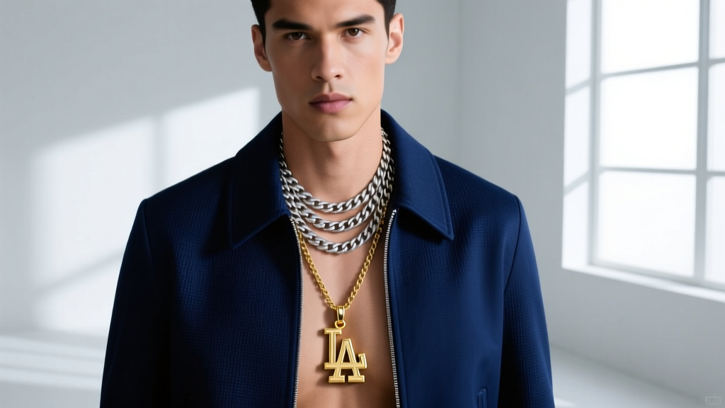 Male model wearing a layered 5mm silver Franco chain and an 18k gold custom Dodgers pendant necklace against a navy blue jacket.
