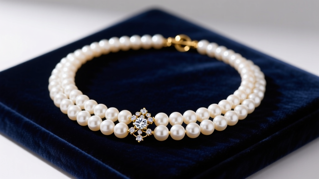 Three strand white Akoya pearl necklace with diamond gold clasp resting elegantly on dark navy velvet under soft studio lighting