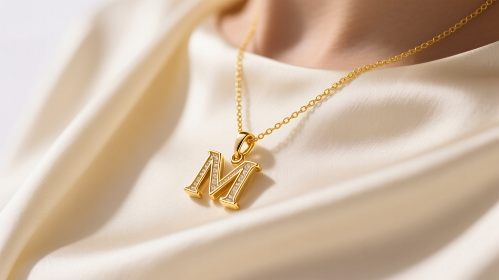 Close-up of a 14k yellow gold necklace with the letter M pendant resting on a cream silk blouse under soft warm studio lighting.