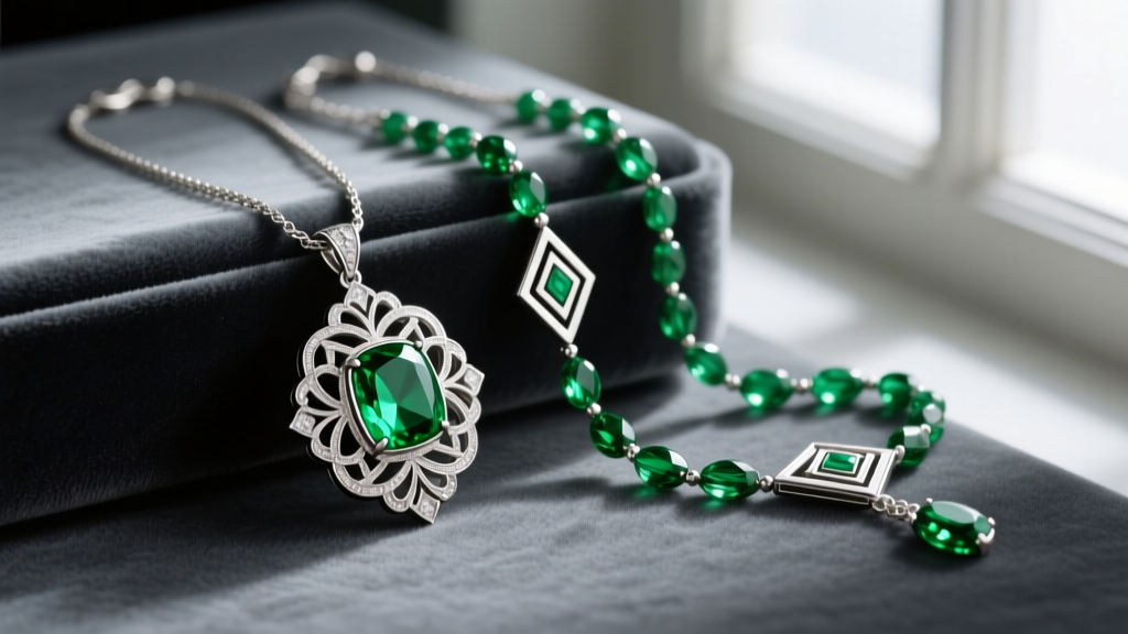 A detailed view of an Edwardian platinum peridot pendant beside an Art Deco peridot sautoir necklace on dark grey velvet.