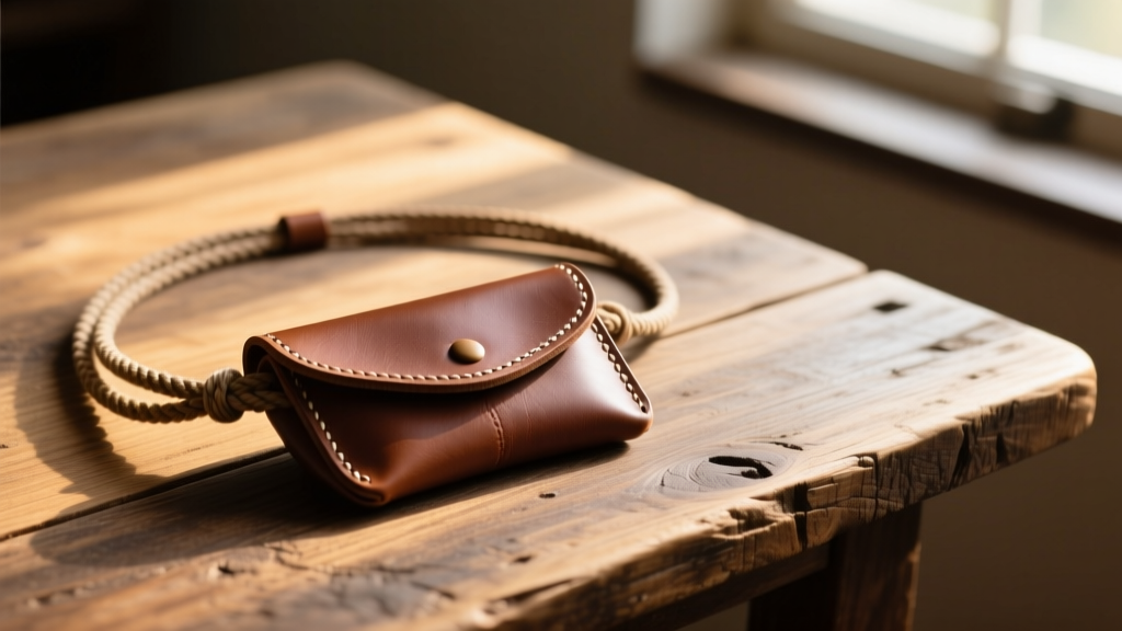 Handcrafted top-grain leather pouch necklace on a rustic wood table with a waxed cotton cord, illuminated by warm sunlight.