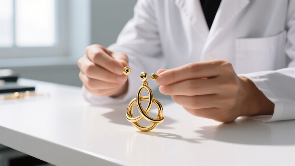 Jeweler examining an 18-gauge solid gold trinity earring screw-back clutch resting on a clean, bright white workbench surface.