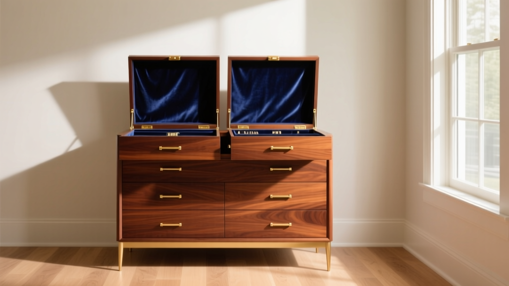 Ethan Allen cherry wood jewelry armoire in a bright room, top drawers open revealing navy velvet lining and brass hardware