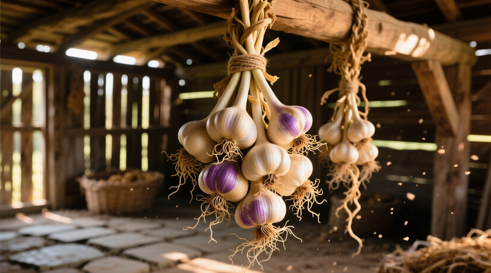 Garlic bulbs hanging to cure in a well-ventilated shed