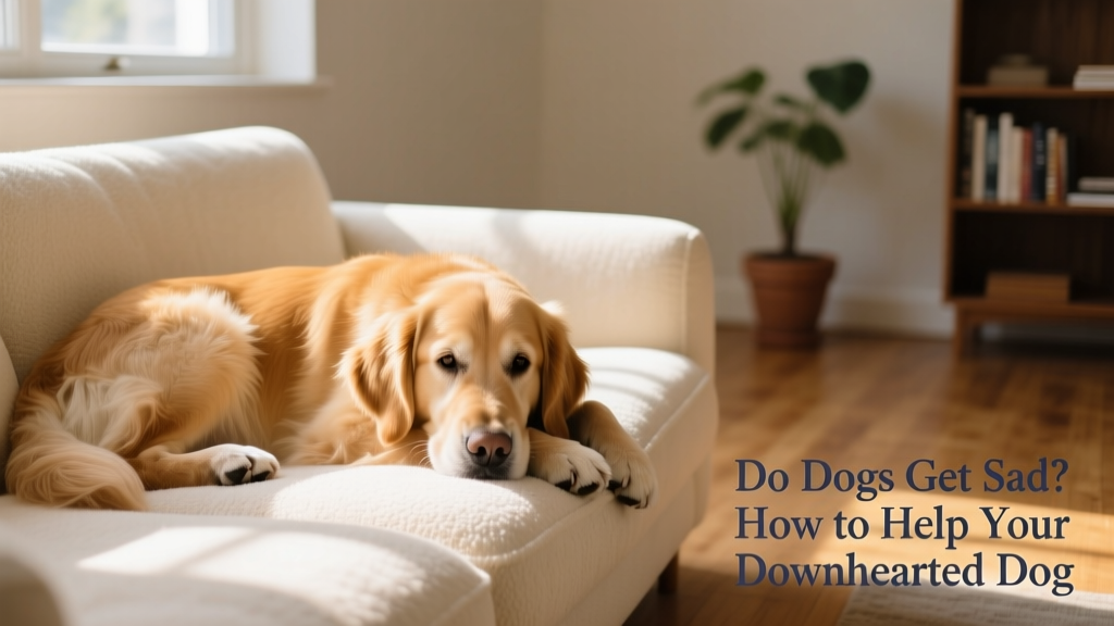 A calm but subdued dog resting on a cozy sofa, head resting on paws