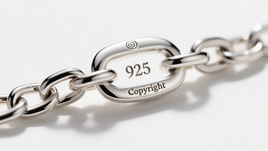 Macro shot of a sterling silver chain clasp showing the .925 hallmark and copyright engraving under bright jewelry lighting.