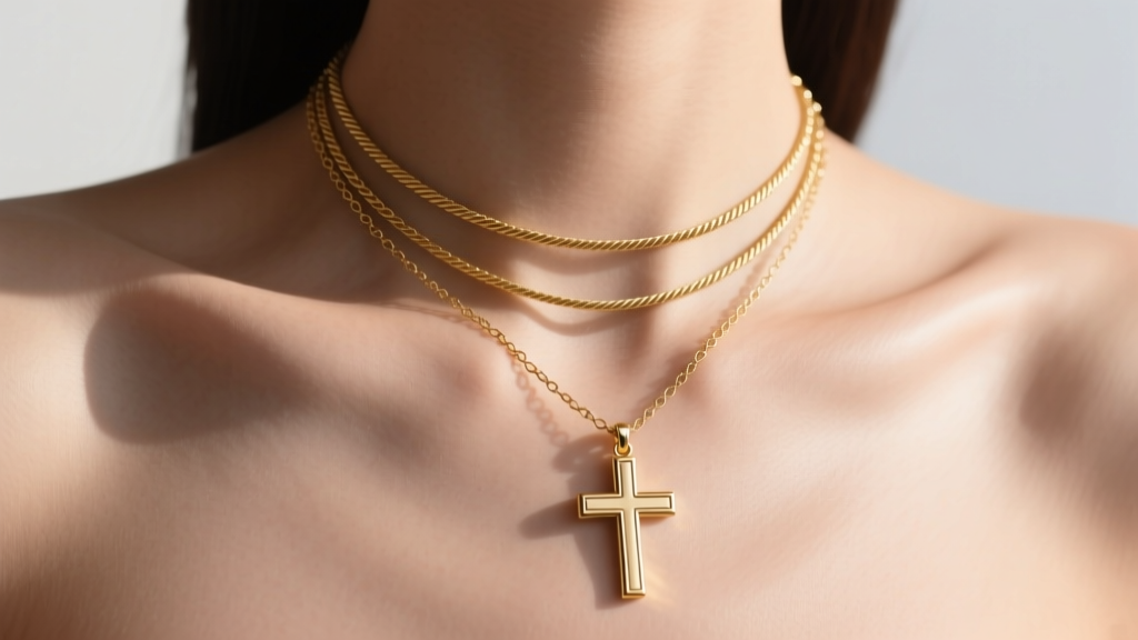 Collarbone showing a layered golden cross necklace setup with a delicate 16-inch cable chain and a 20-inch cross pendant on skin