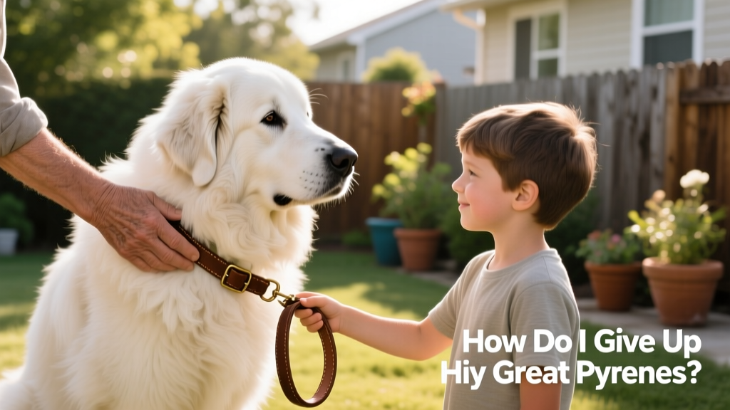 Two hands—one belonging to the original owner, one to the new adopter—gently exchanging a leash and collar while a Great Pyrenees looks calmly between them