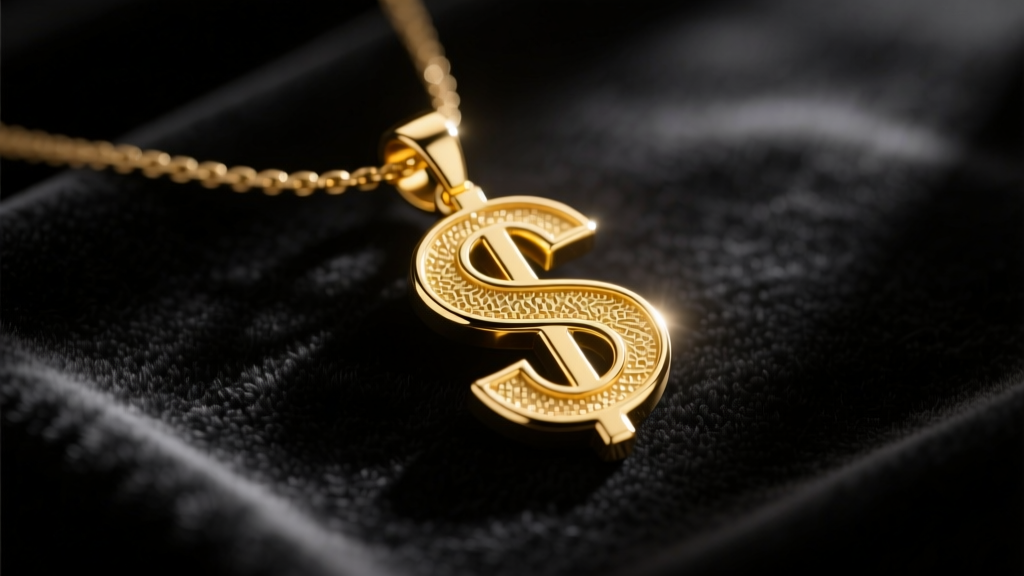 14k yellow gold dollar sign pendant on black velvet, lit by studio lighting to highlight the metal grain and crisp beveled edges.