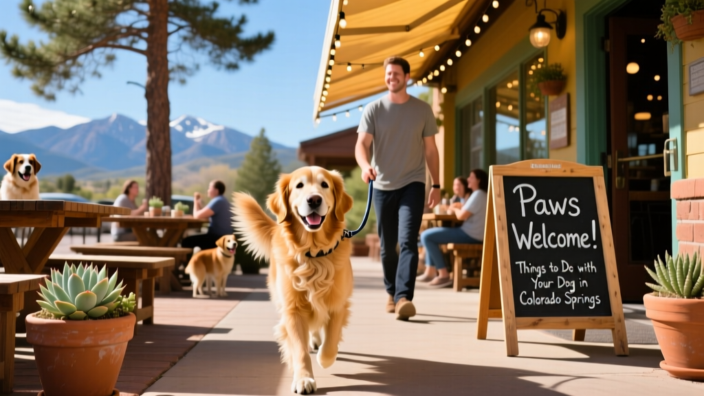 A happy dog on a leash walking past a vibrant, dog-friendly restaurant patio in Colorado Springs