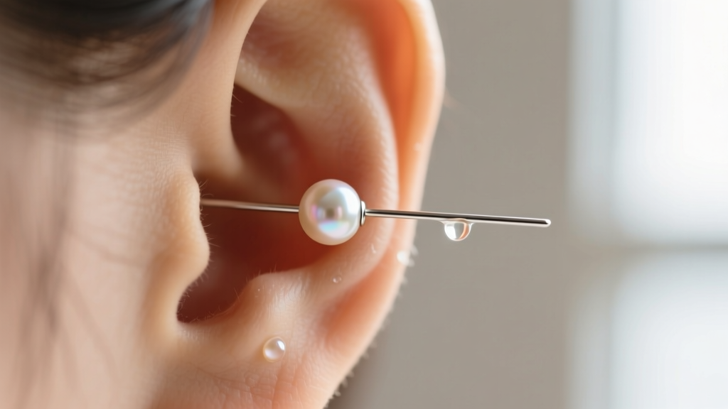 Close-up of a 20-gauge silver threader earrings chain sliding through a healed earlobe, showing the thin wire and a tiny pearl