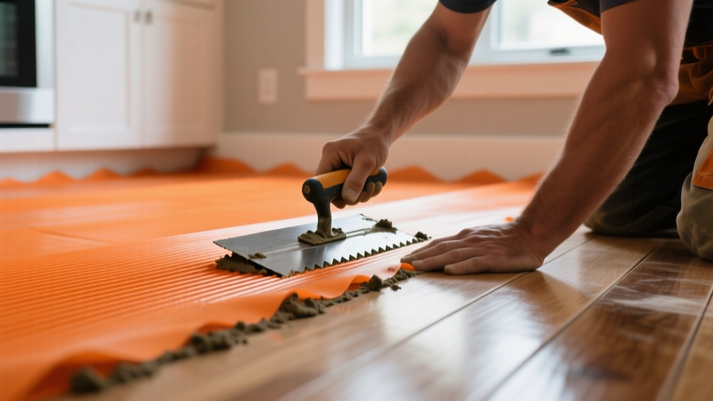 Contractor applying thinset mortar over an orange uncoupling membrane on a kitchen subfloor using a notched trowel before tiling