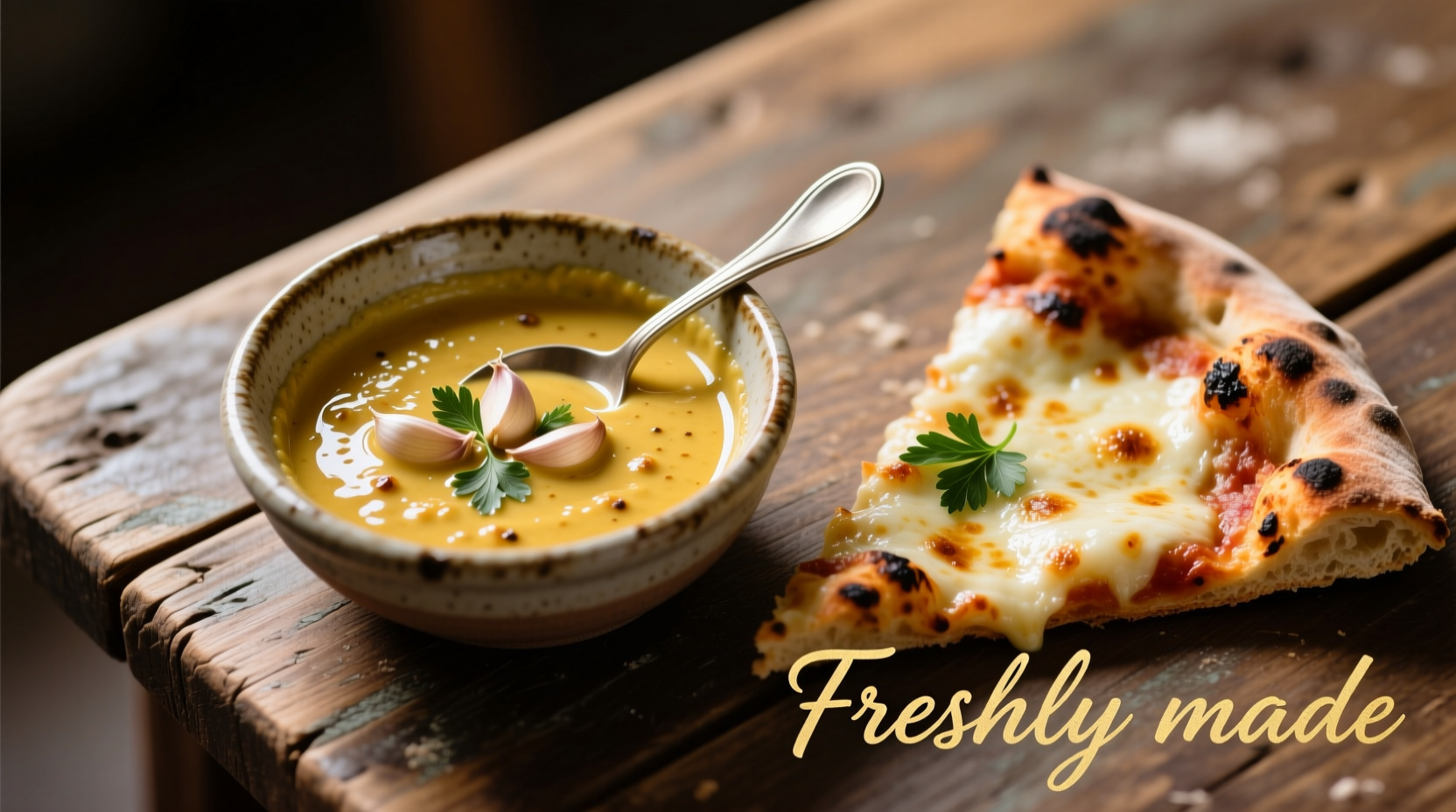 Homemade garlic sauce in dipping bowl with pizza