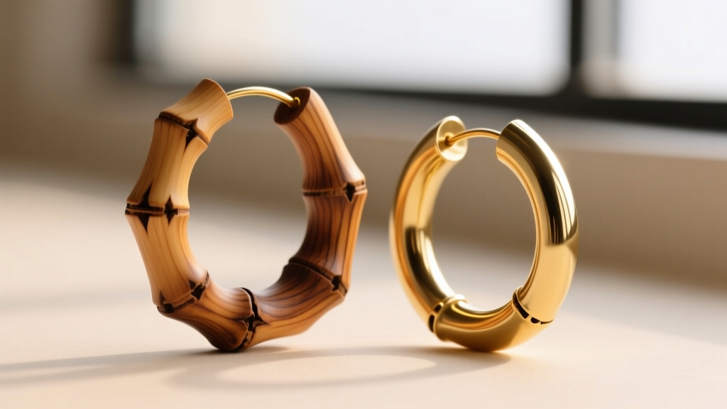 Macro shot of carved natural wood bamboo hoop earring beside a hollow gold-plated brass bamboo hoop, highlighting surface texture.