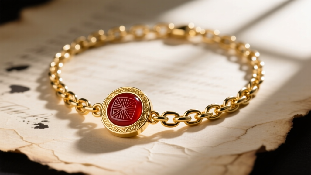 Heavy 14-gauge 18k gold rolo chain necklace with a carved carnelian signet pendant, displayed on weathered parchment background.