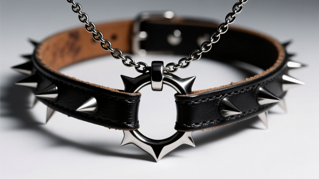 Close-up of a heavy blackened stainless steel emo necklace with a central O-ring pendant and spiked leather collar, studio lighting