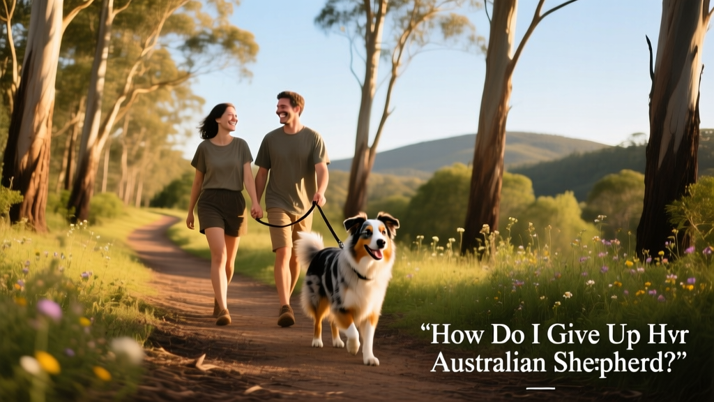 Two people walking an Australian Shepherd on a sunny trail, all smiling and relaxed