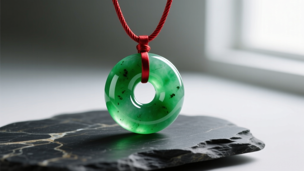 Vibrant green Grade A jadeite donut pendant on a red silk string, resting on dark textured slate in soft natural window light.