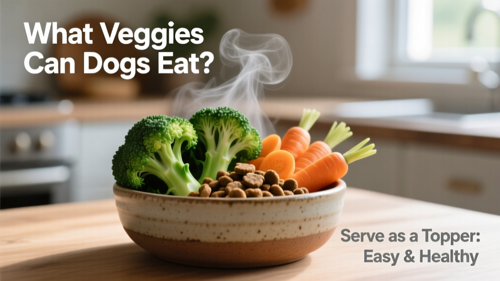 Steamed broccoli florets and sliced carrots placed beside a ceramic bowl with kibble, showing how to serve veggies as a healthy food topper