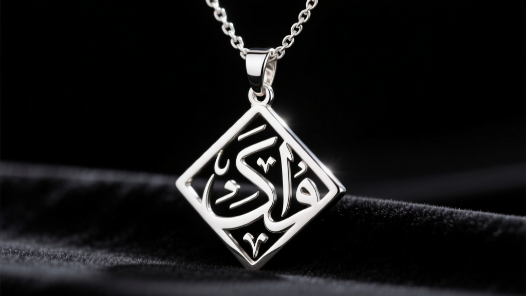 Close-up of a polished 925 sterling silver Ayatul Kursi calligraphy pendant on dark velvet, illuminated by soft studio lighting.