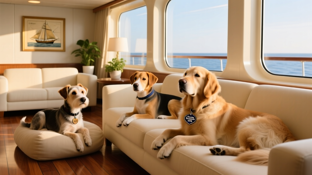 Three dogs resting comfortably in a quiet lounge area aboard the FurPetVo Splendor