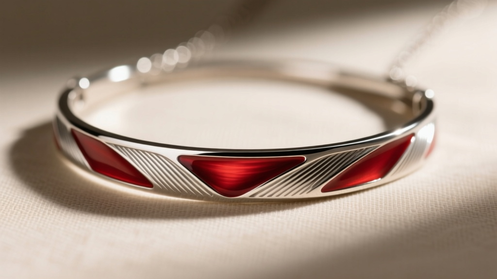 Macro shot of a stainless steel Lance of Longinus necklace, highlighting the intricate red enamel inlay and brushed metal finish