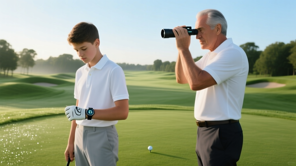 Novice golfer checking a simple GPS watch beside a seasoned pro peering through a slope-enabled laser rangefinder on a lush fairway.