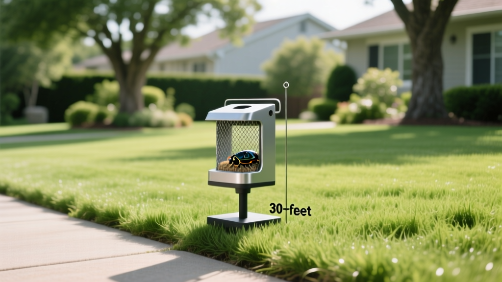 Diagram showing Japanese beetle trap placed 30 feet away from a residential lawn perimeter