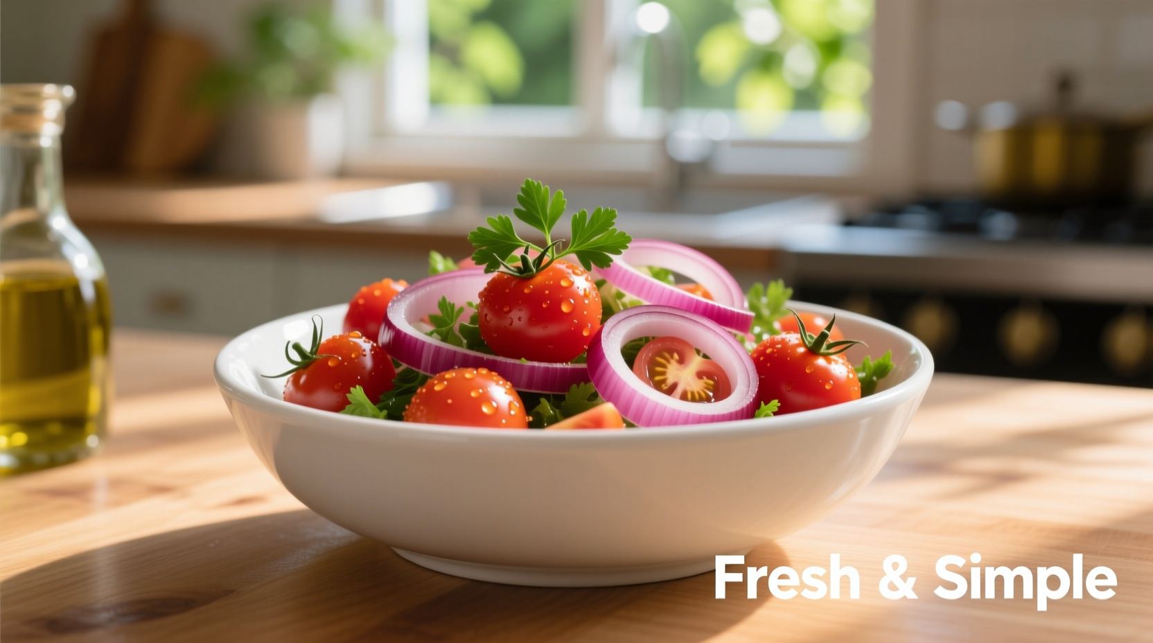 Fresh tomato and red onion salad in white bowl