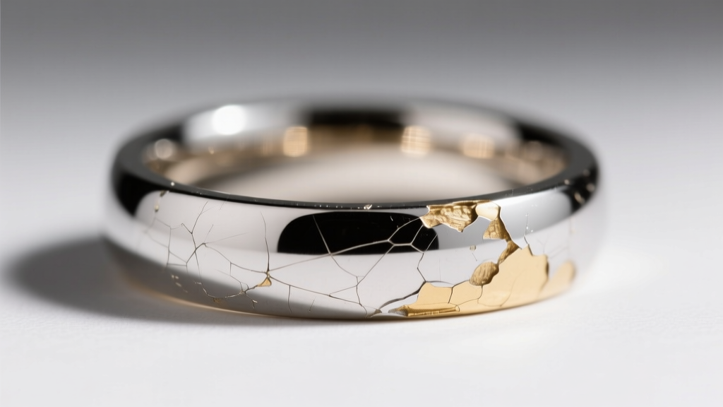 Macro shot of a rhodium-plated 18k white gold ring showing micro-scratches and peeling plating from harsh chemical exposure