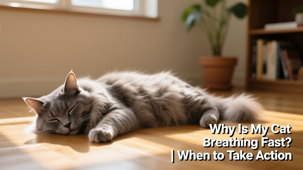 A calm grey long-haired cat resting peacefully, showing normal chest movement during quiet breathing
