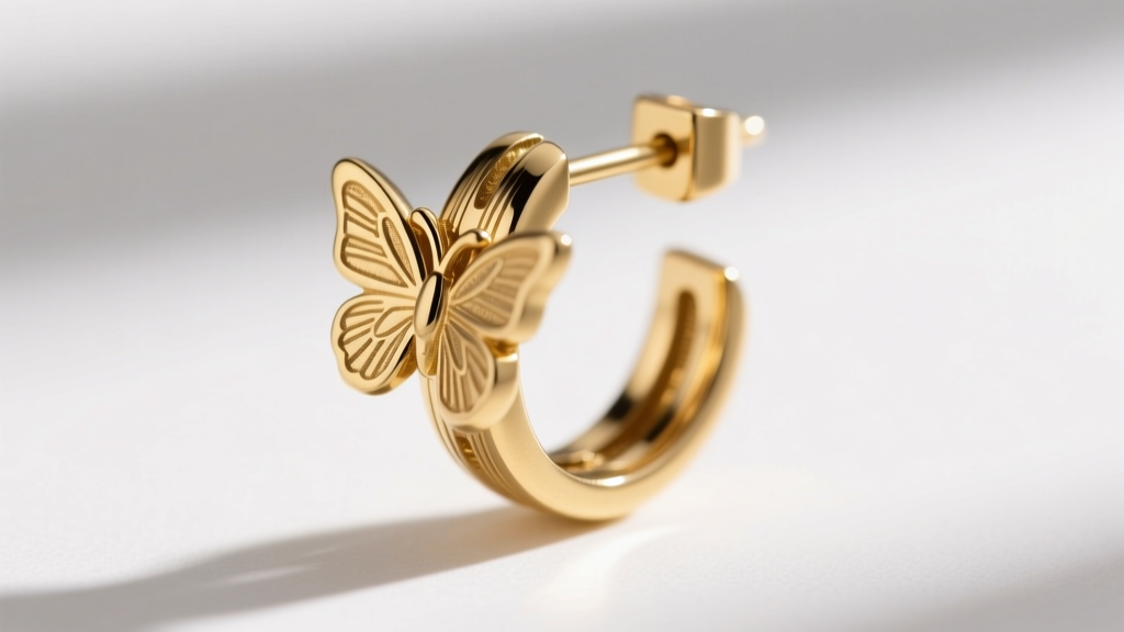 Extreme close-up of a 20-gauge gold-plated brass earring post and butterfly friction clutch, highlighting the metal texture.